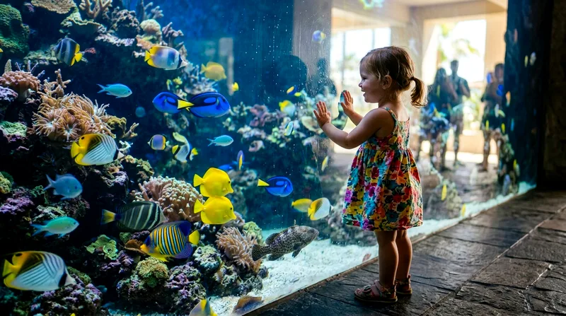 Toddler looking at fish through aquarium glass in Cabo San Lucas