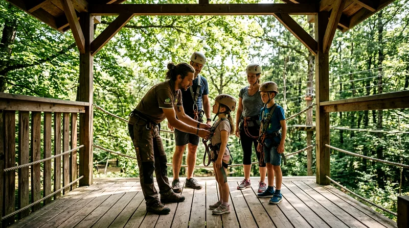Family of four being fitted with harnesses before their first zip line run.