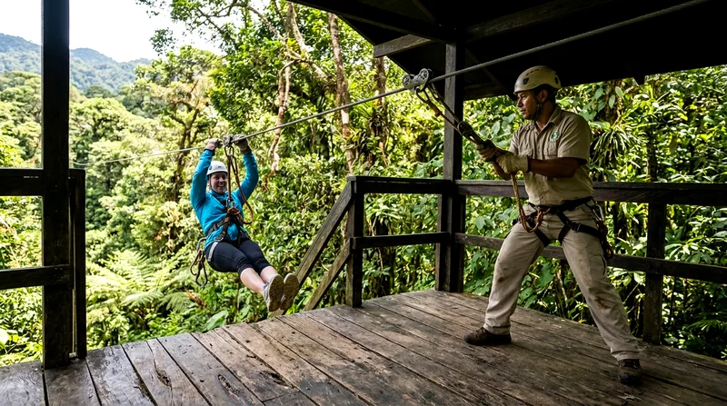 Zip liner landing on final platform with guide controlling the descent.