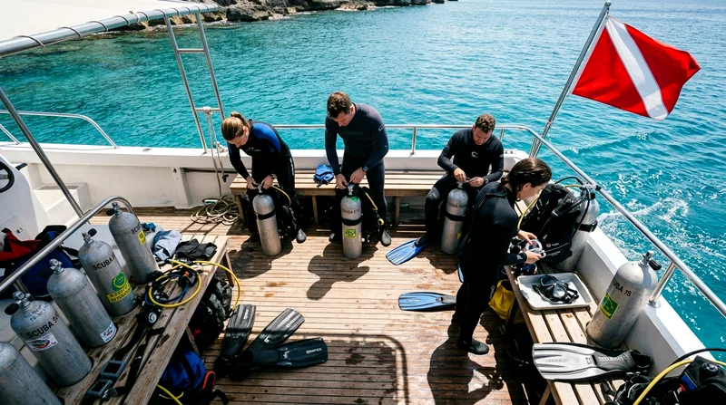 Dive boat deck with four divers gearing up, tanks and equipment visible before descent.