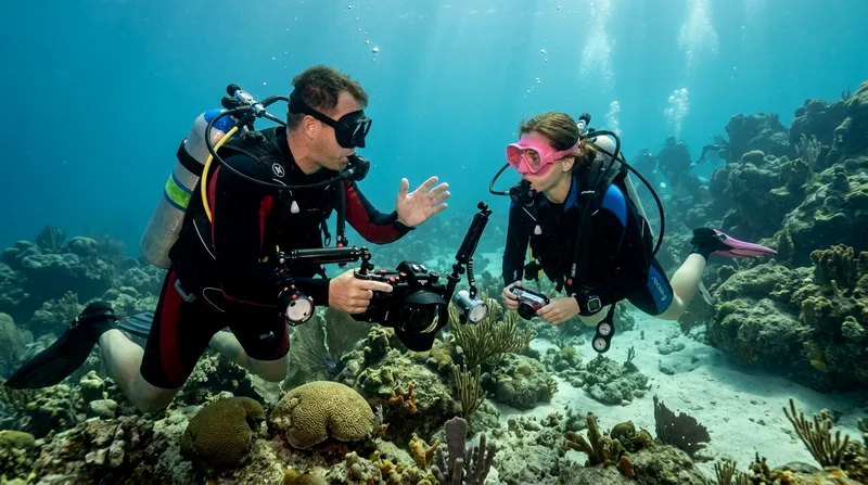 Dive instructor demonstrating underwater camera to student diver with rocks and sand bottom visible.