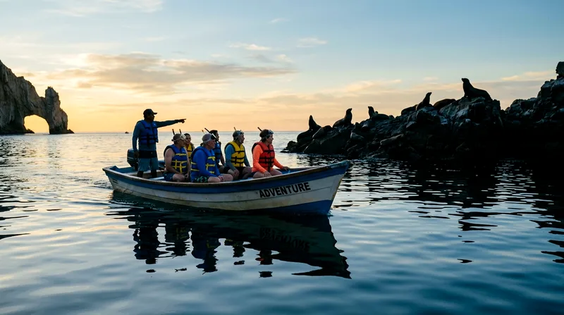 Panga with snorkelers approaching Pelican Rock at dawn with El Arco visible behind.