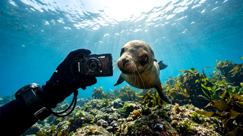 Snorkeler's hand with camera focused on curious sea lion pup at Pelican Rock.