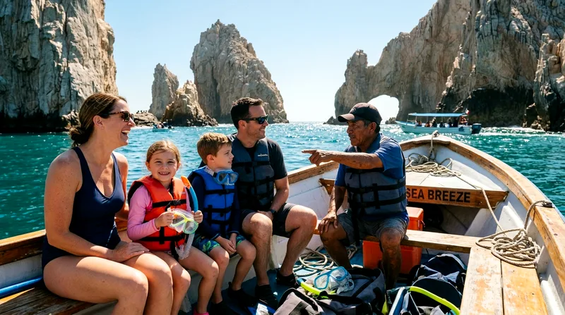 Family of four on panga with guide pointing toward El Arco during snorkel tour.