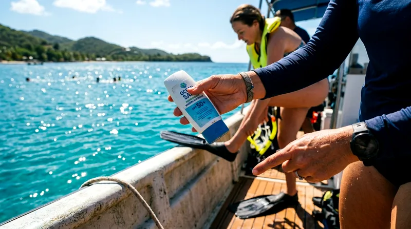 Guide holding biodegradable sunscreen bottle before whale shark snorkeling session.