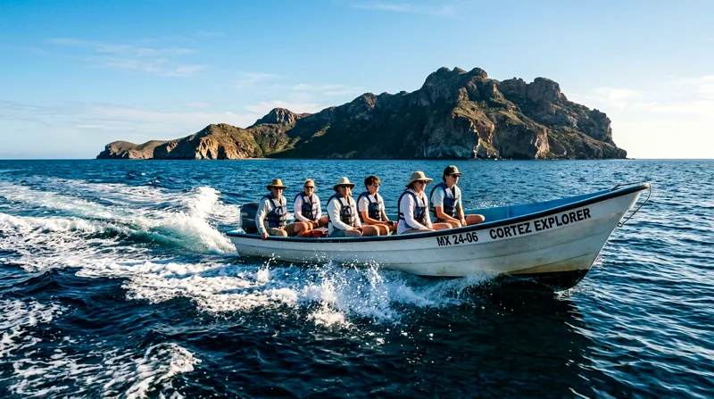 Tour boat speeding across the Sea of Cortez toward Espíritu Santo Island.