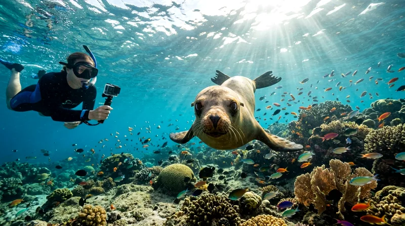 Snorkeler photographing a juvenile sea lion underwater at Espíritu Santo.