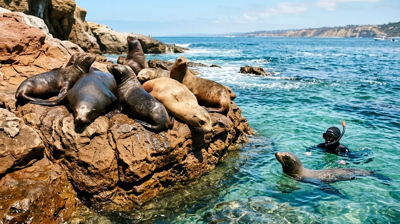 Sea lion colony on rocks at Espíritu Santo Island with snorkeler swimming nearby.