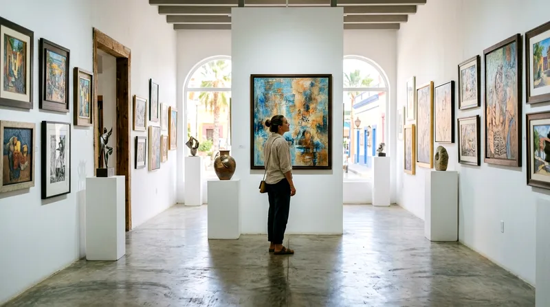 Interior of Todos Santos art gallery with visitor viewing local paintings.