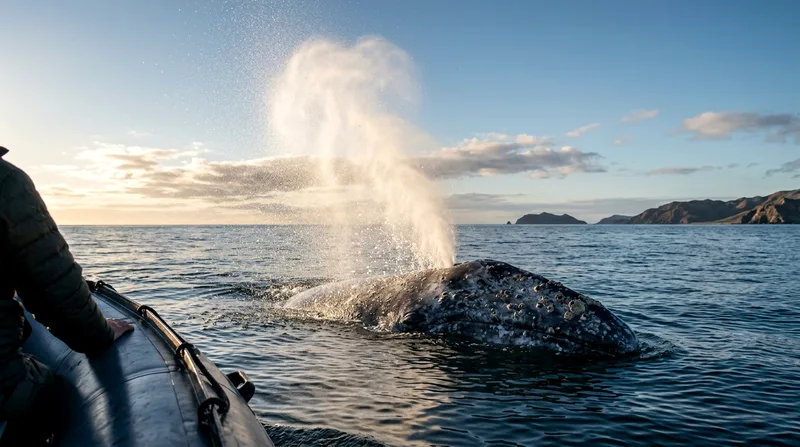 Gray whale spouting near zodiac at sunrise with backlit spray visible.