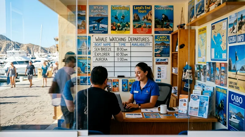 Tour operator office interior with departure board showing whale watch times and boat names.