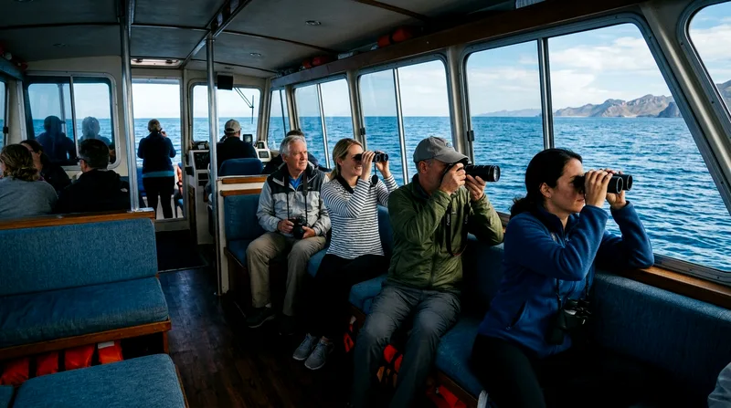 Catamaran cabin interior with passengers seated by windows viewing the Sea of Cortez.