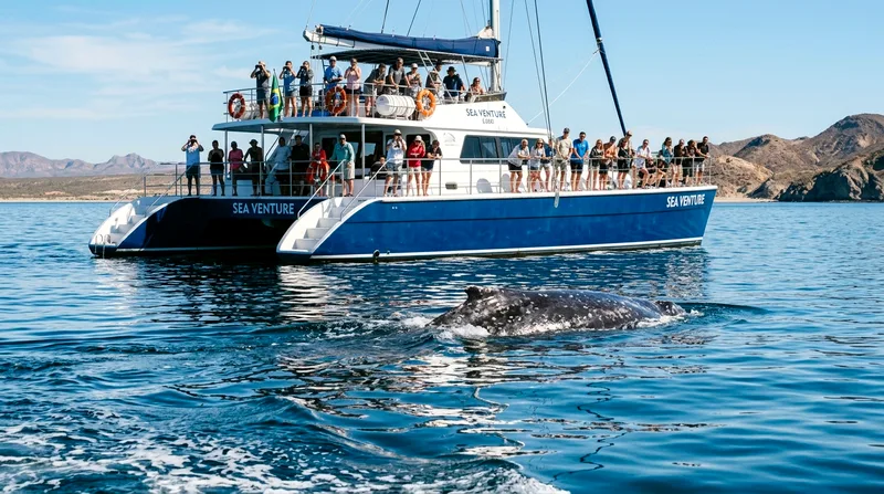 Large catamaran at anchor with passengers watching gray whale at distance.