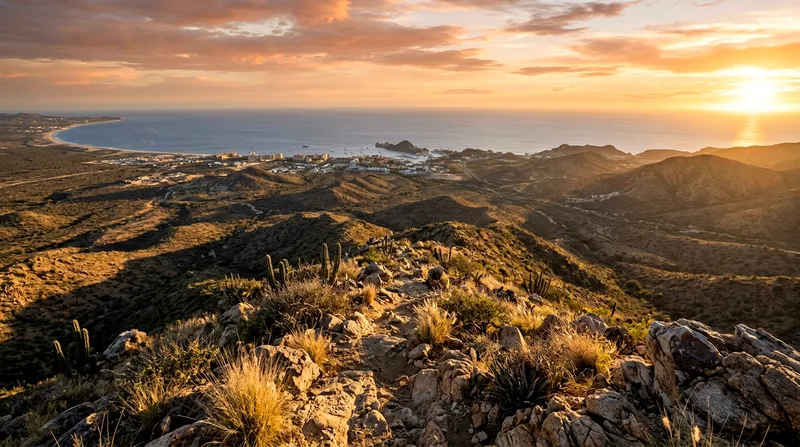Desert ridge overlook at sunset with Los Cabos coastline and Pacific Ocean visible below.
