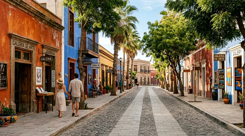 Pedestrian street in Todos Santos with historic colonial buildings and art galleries.