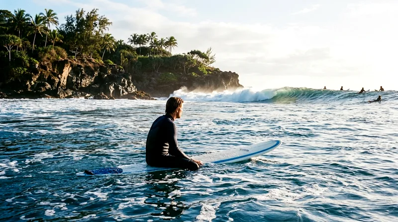 Surfer paddling out in lineup at Costa Azul near San José del Cabo.