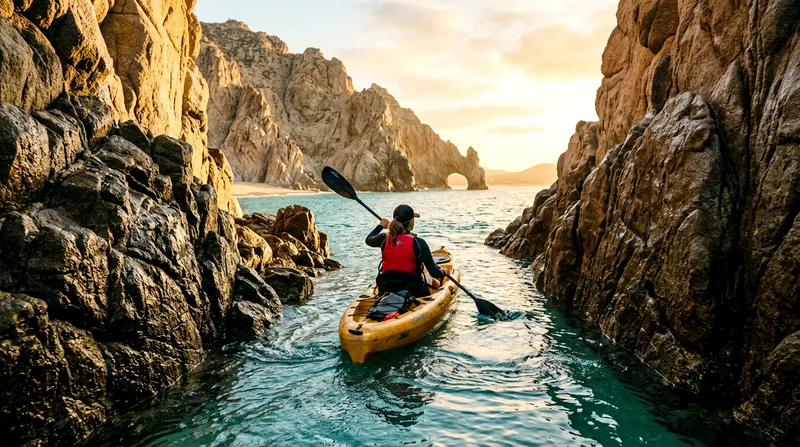 Kayaker paddling through narrow rocky cove at Lover's Beach at sunrise.