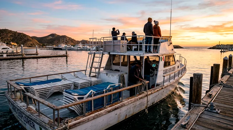 Tour boat departing Marina Cabo in morning with few passengers aboard.