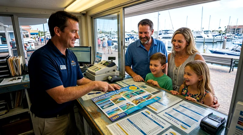 Tour operator showing bundle package brochures to family at Marina Cabo ticket counter.