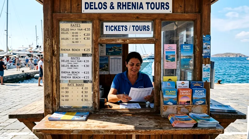 Marina ticket counter with price boards and brochures, single operator, few customers waiting.