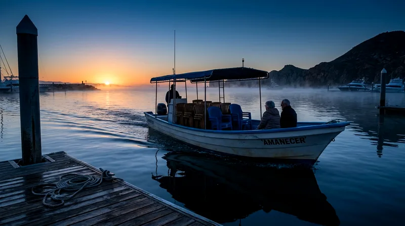 Tour boat with mostly empty seats departing marina in early morning light.