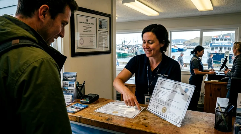 Tour operator showing safety certification documents to customer at Marina ticket counter.