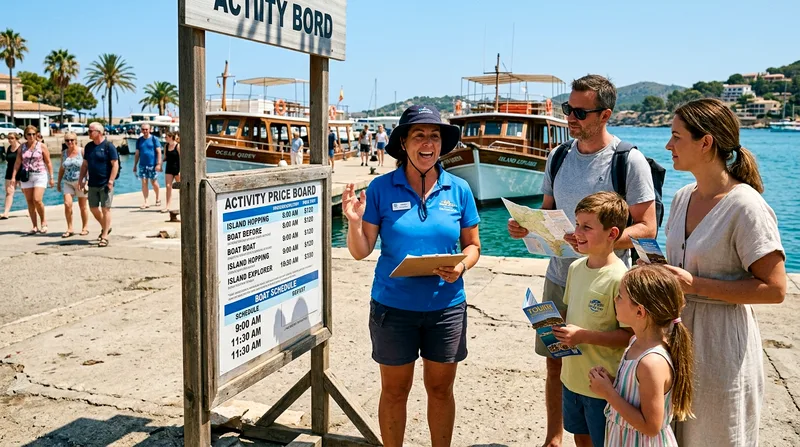 Tour operator explaining tour details and schedule to family at Marina stand.
