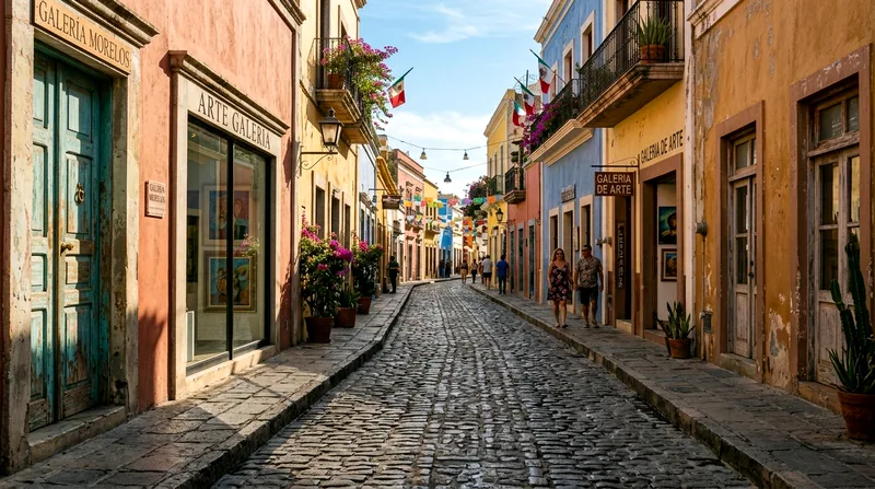 Narrow cobblestone street lined with art galleries and painted doors in San José del Cabo.