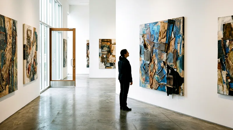 Visitor examining large mixed-media artwork in San José del Cabo gallery.
